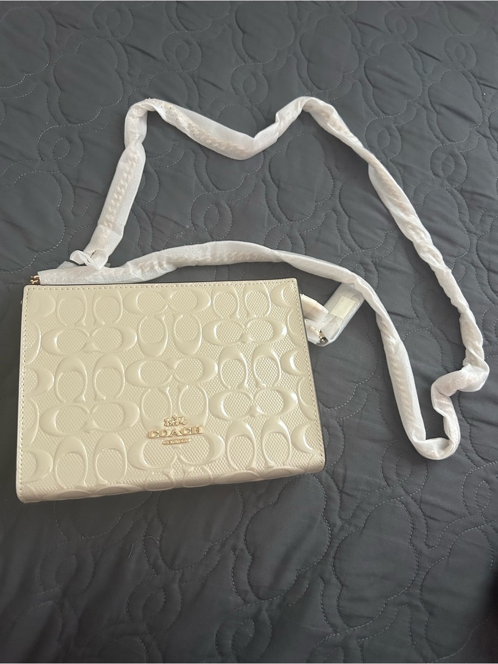Coach Cream Patent Signature Crossbody Bag with Gold Logo
